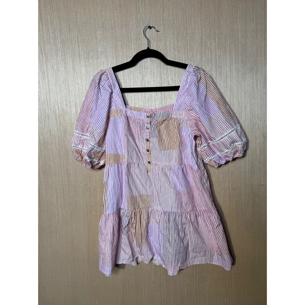 Maeve Anthropologie Pink Striped Patchwork Tiered Babydoll Tunic Top Medium
